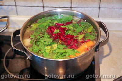 Летние щи на курином бульоне со свекольной ботвой Летние щи на курином бульоне со свекольной ботвой