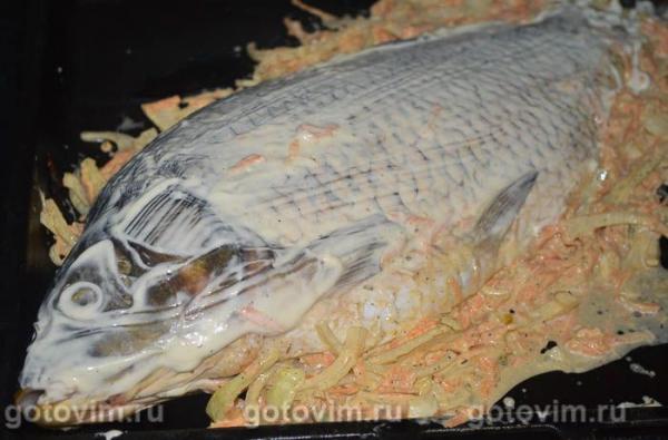 Карп целиком, запеченный в духовке с морковью и луком Карп целиком, запеченный в духовке с морковью и луком